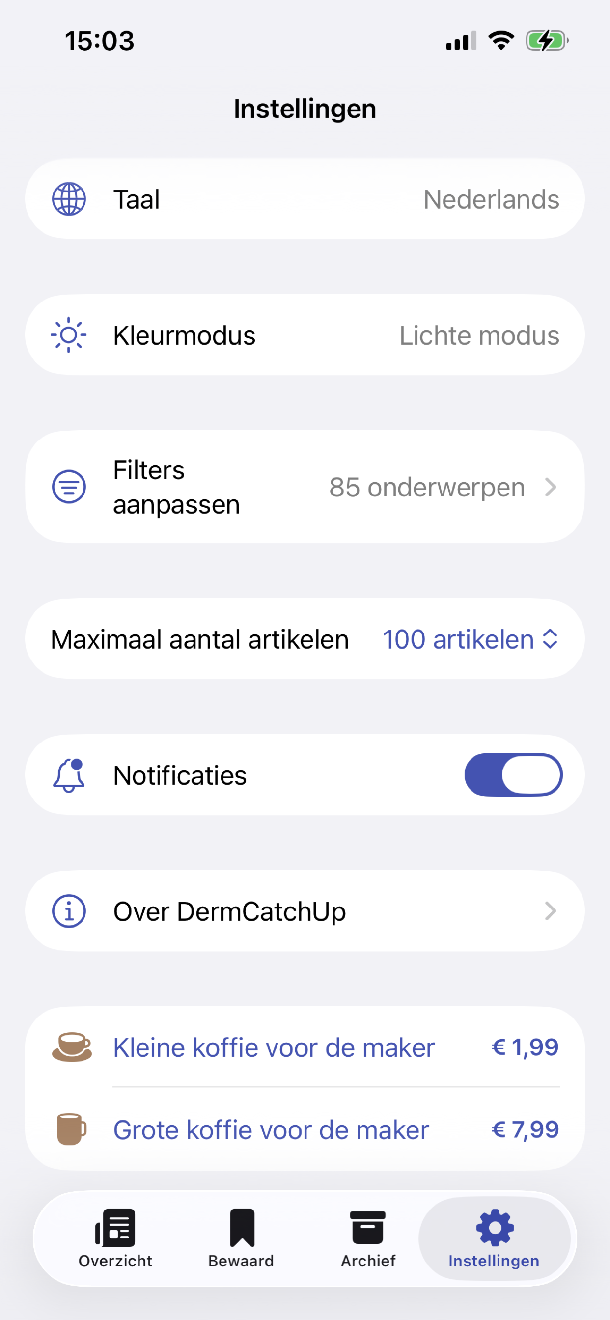 CatchUpDerm instellingen en notificatieopties