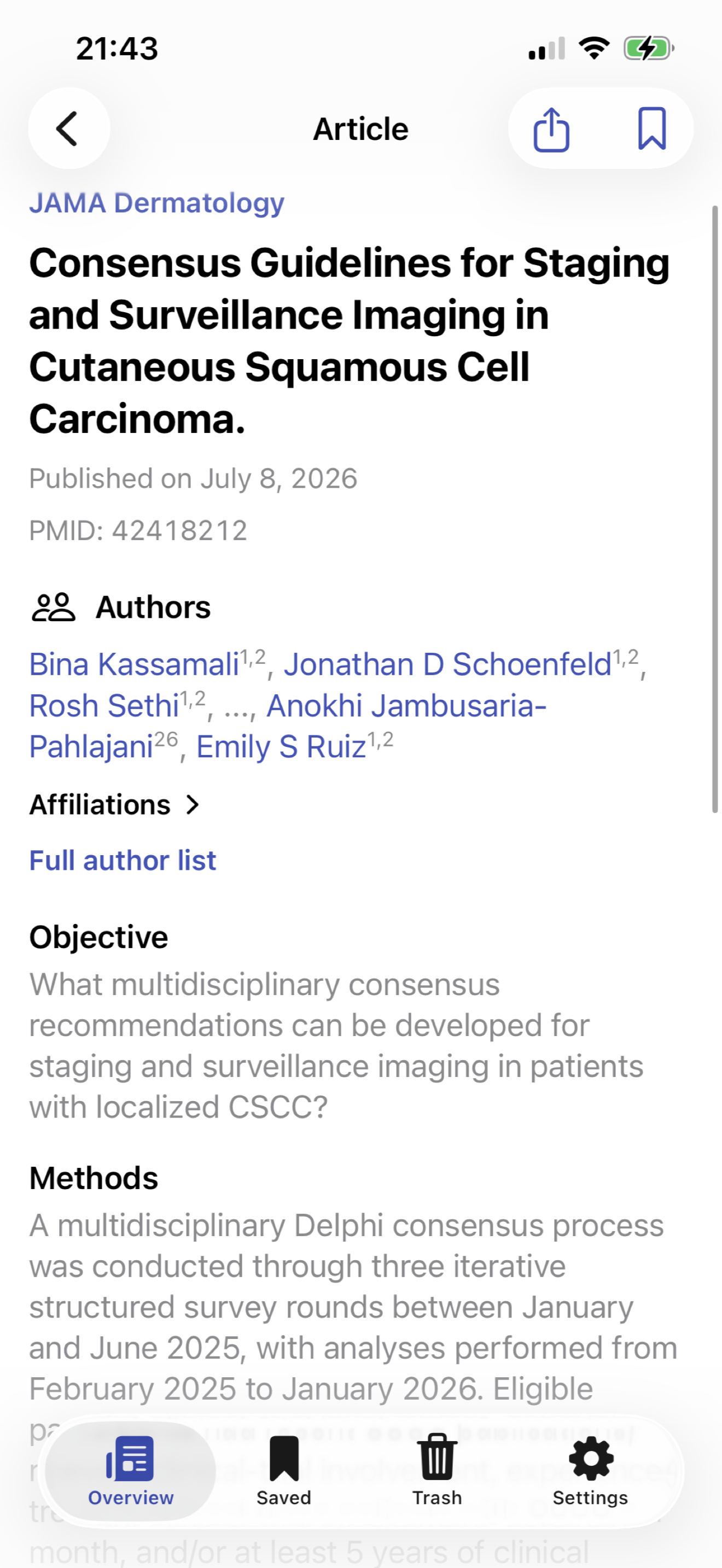 CatchUpDerm article view with structured summary