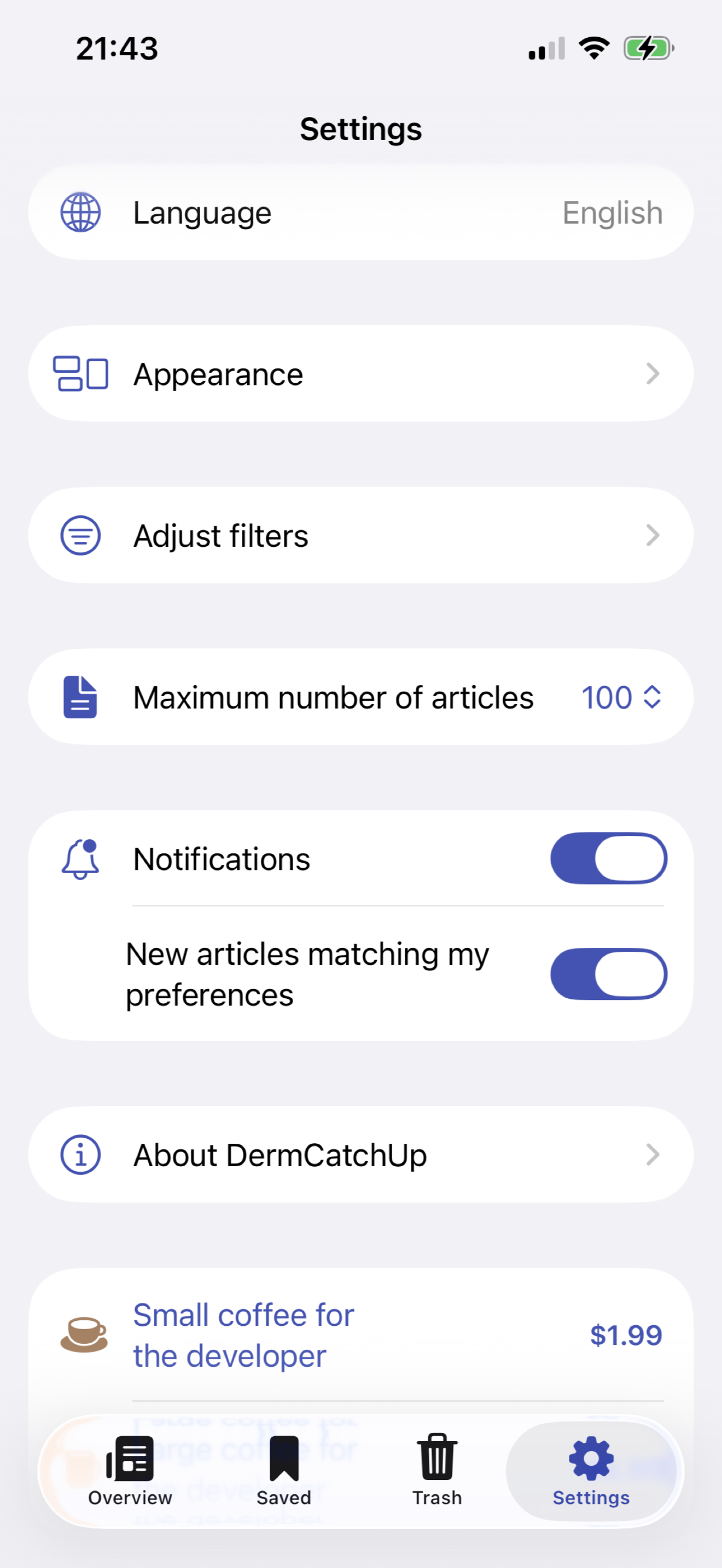 CatchUpDerm settings and reading preferences